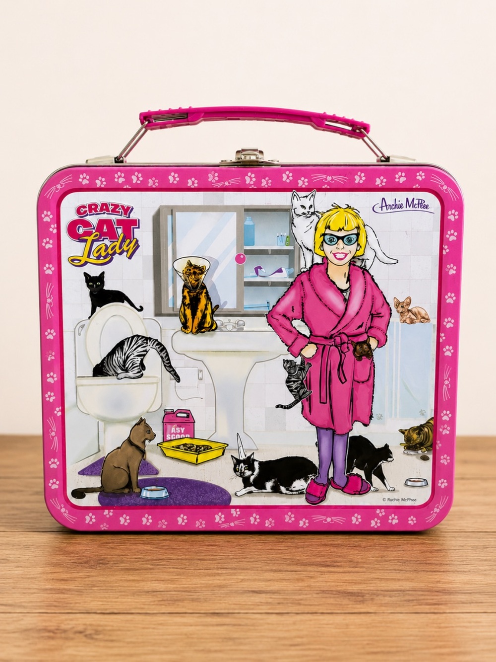 NWT Archie McPhee Crazy Cat Lady Metal Lunchbox Collectible Pink Cat Lunch Box